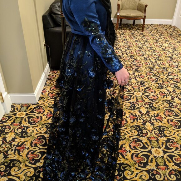 Satin Gown with Detachable Skirt Floral Sequin Applique - Picture 2 of 4